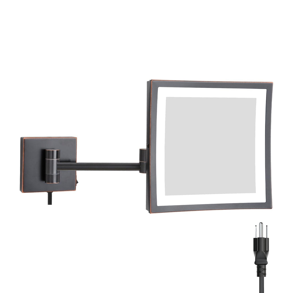 DOWRY Wall Mounted LED Lighted 5X Magnifying Square Makeup Mirror with Plug,8 Inch, Polished Gold Finished Dowry1802D-8x5