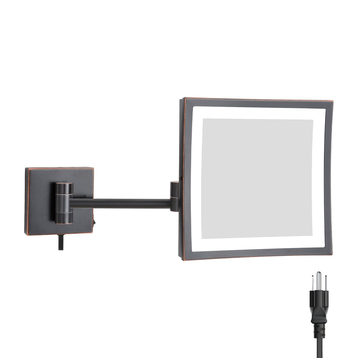 DOWRY Wall Mounted LED Lighted 5X Magnifying Square Makeup Mirror with Plug,8 Inch, Polished Gold Finished Dowry1802D-8x5