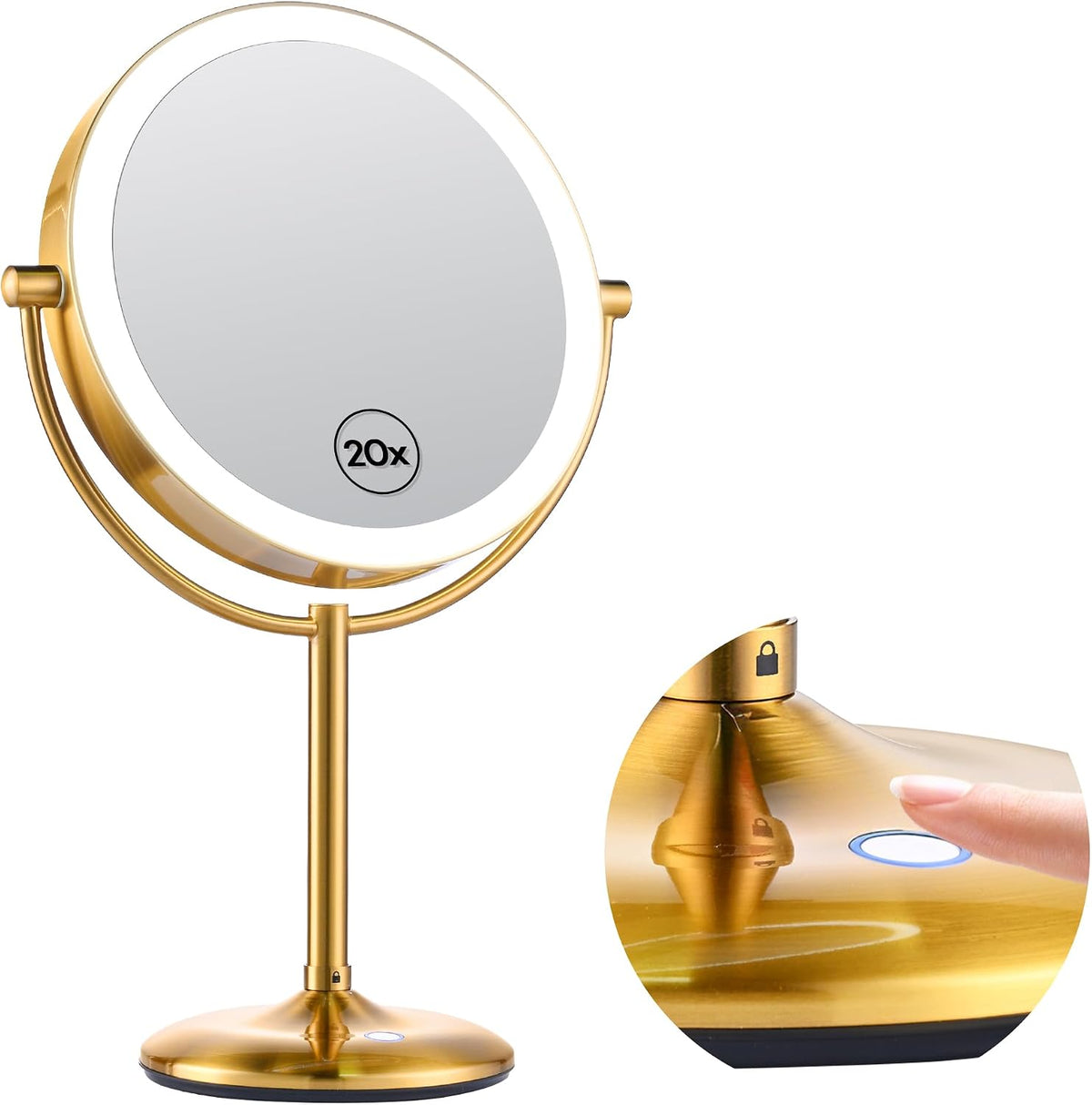 9" Gold Lighted Makeup Mirror, 1X/20X Magnification, Rechargeable