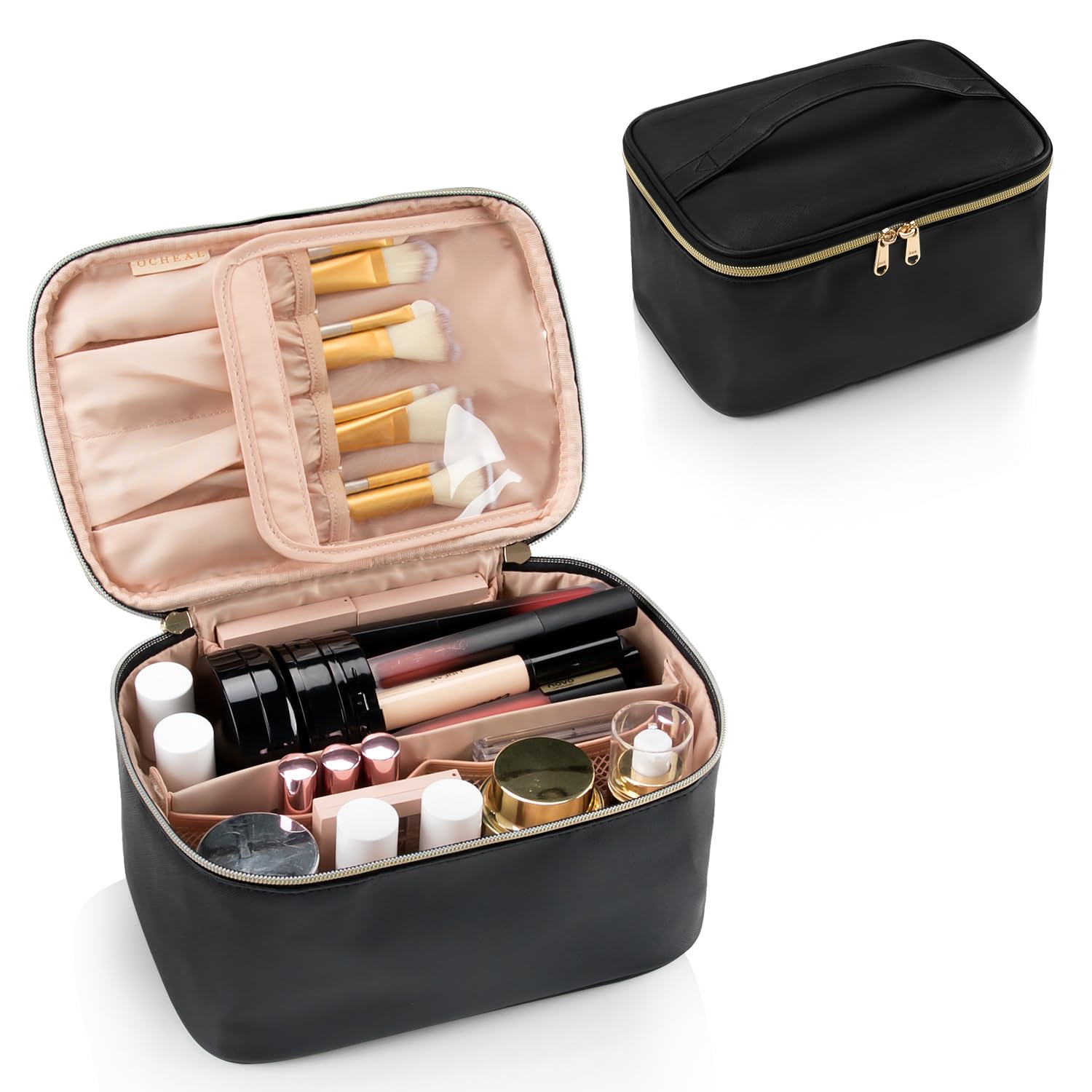 Makeup Bag, Portable Cosmetic Bag Black Make up Case Toiletry Bag | Large Capacity Travel Makeup Case Organizer for Women Toiletry Bag for Girls Traveling With Handle and Divider