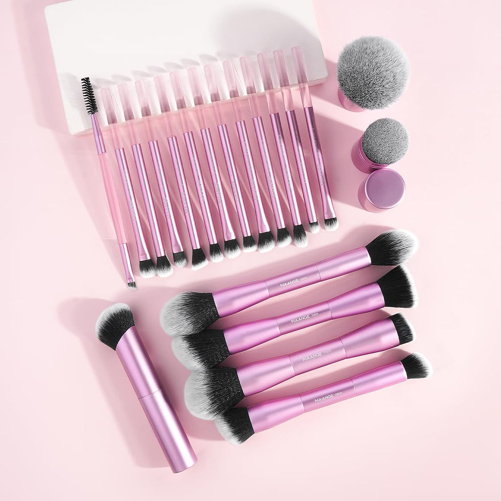 MAANGE 20 Pcs Makeup Brushes with Gift Box, Double-End Multi-functional Makeup Brushes for Blending Liquid Powder Concealer Cream Blush Buffe,CoffeeBrown