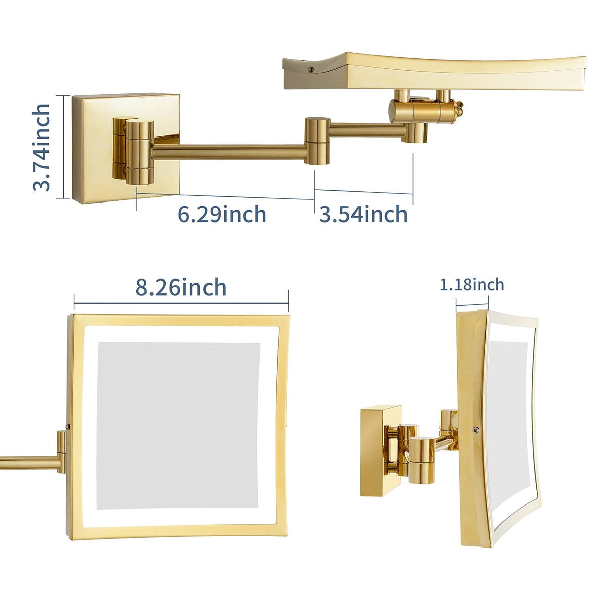 DOWRY Wall Mounted LED Lighted 5X Magnifying Square Makeup Mirror with Plug,8 Inch, Polished Gold Finished Dowry1802D-8x5