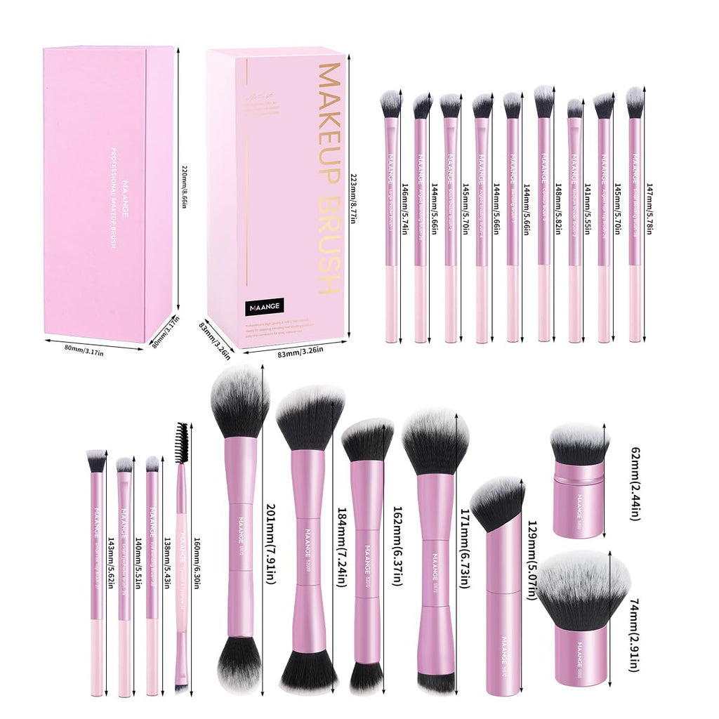 MAANGE 20 Pcs Makeup Brushes with Gift Box, Double-End Multi-functional Makeup Brushes for Blending Liquid Powder Concealer Cream Blush Buffe,CoffeeBrown