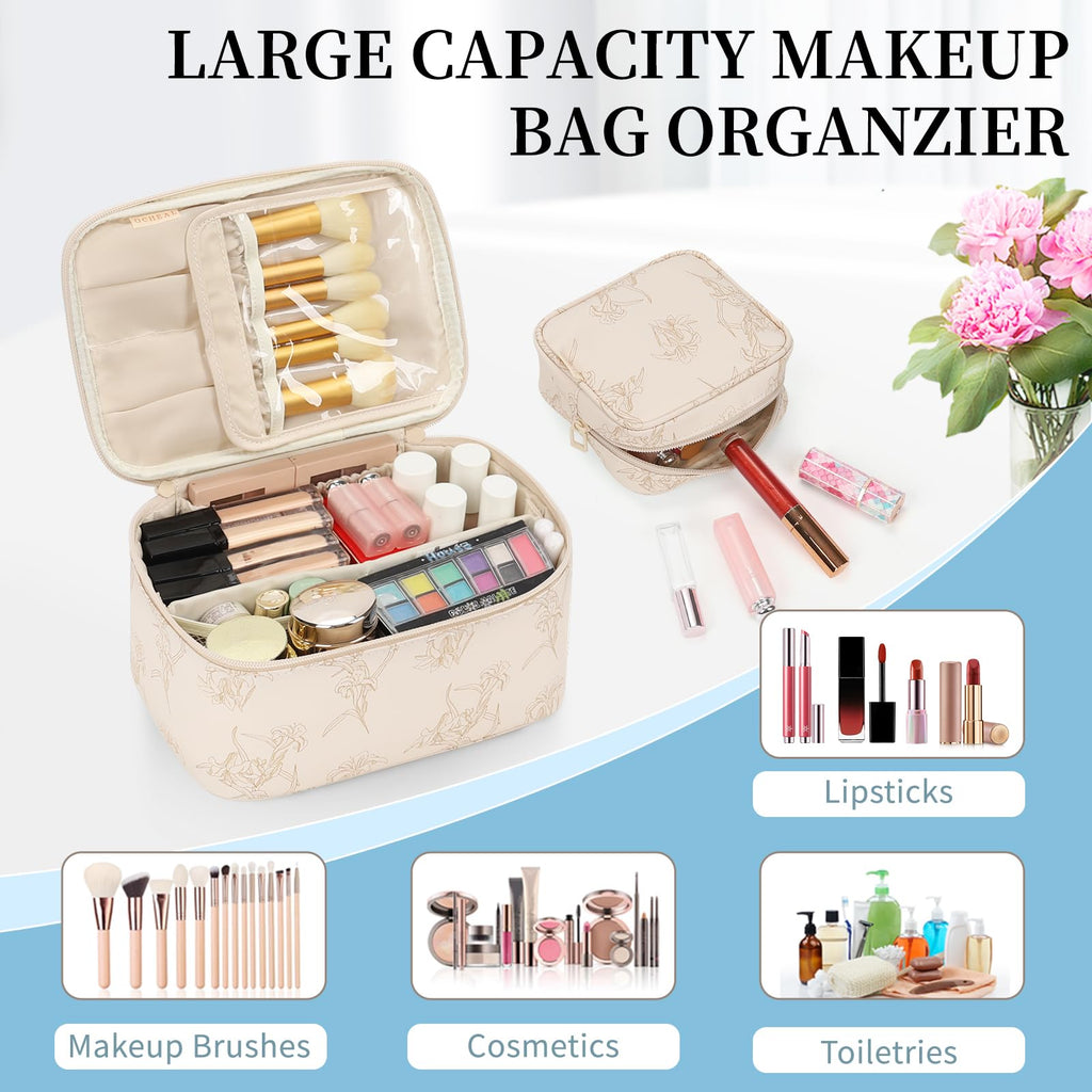 Makeup Bag, Portable Cosmetic Bag Black Make up Case Toiletry Bag | Large Capacity Travel Makeup Case Organizer for Women Toiletry Bag for Girls Traveling With Handle and Divider