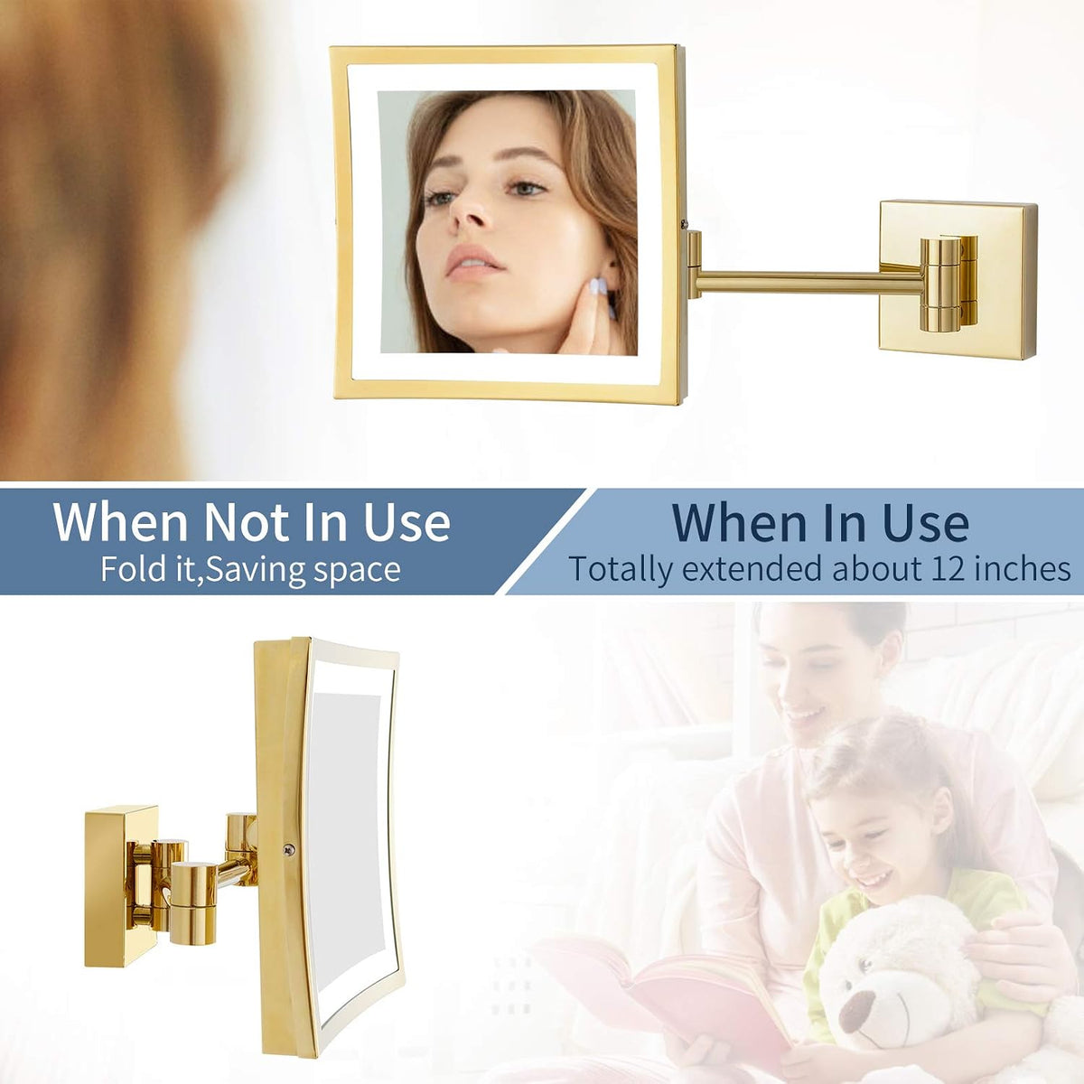 DOWRY Wall Mounted LED Lighted 5X Magnifying Square Makeup Mirror with Plug,8 Inch, Polished Gold Finished Dowry1802D-8x5