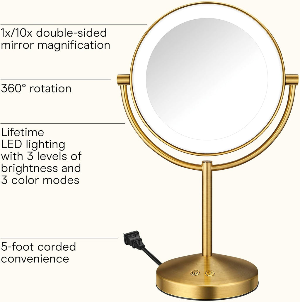 Conair LED Vanity Mirror, Double-Sided, 10x Maginification, Brushed Brass