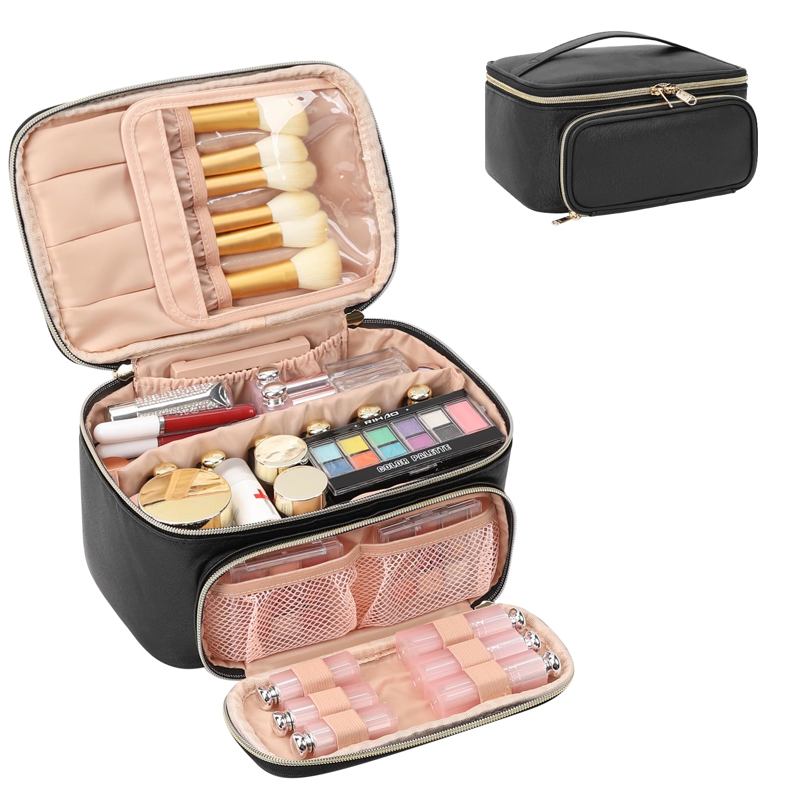 Makeup Bag, Portable Cosmetic Bag Black Make up Case Toiletry Bag | Large Capacity Travel Makeup Case Organizer for Women Toiletry Bag for Girls Traveling With Handle and Divider