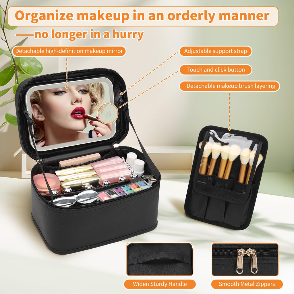 Makeup Bag, Portable Cosmetic Bag Black Make up Case Toiletry Bag | Large Capacity Travel Makeup Case Organizer for Women Toiletry Bag for Girls Traveling With Handle and Divider