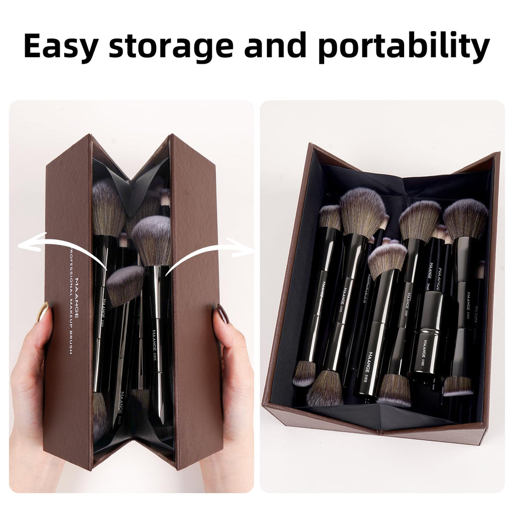 MAANGE 20 Pcs Makeup Brushes with Gift Box, Double-End Multi-functional Makeup Brushes for Blending Liquid Powder Concealer Cream Blush Buffe,CoffeeBrown