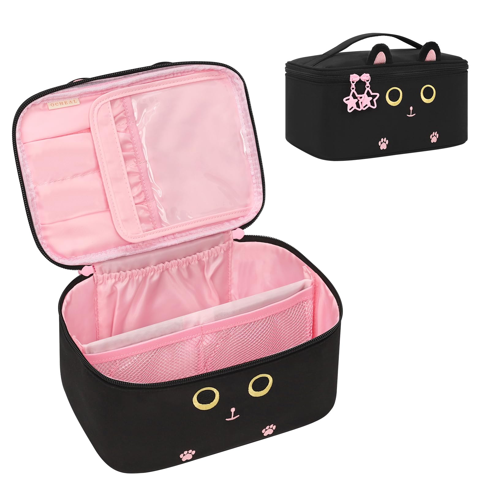 Makeup Bag, Portable Cosmetic Bag Black Make up Case Toiletry Bag | Large Capacity Travel Makeup Case Organizer for Women Toiletry Bag for Girls Traveling With Handle and Divider