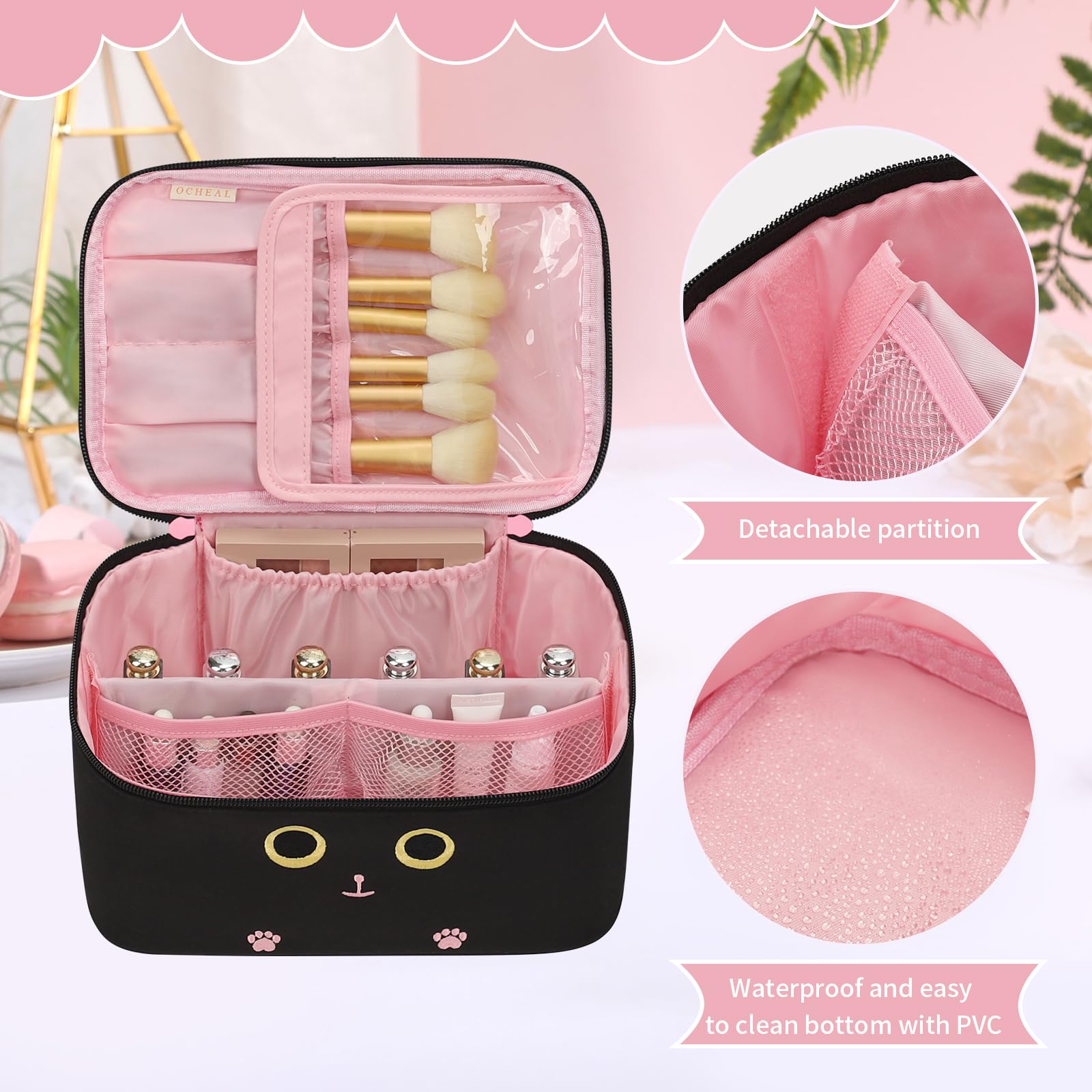 Makeup Bag, Portable Cosmetic Bag Black Make up Case Toiletry Bag | Large Capacity Travel Makeup Case Organizer for Women Toiletry Bag for Girls Traveling With Handle and Divider