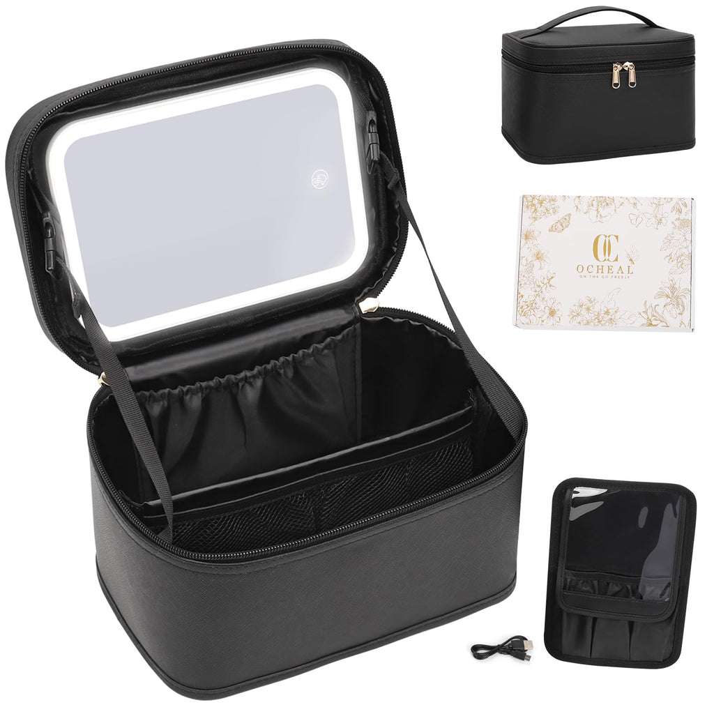 Makeup Bag, Portable Cosmetic Bag Black Make up Case Toiletry Bag | Large Capacity Travel Makeup Case Organizer for Women Toiletry Bag for Girls Traveling With Handle and Divider
