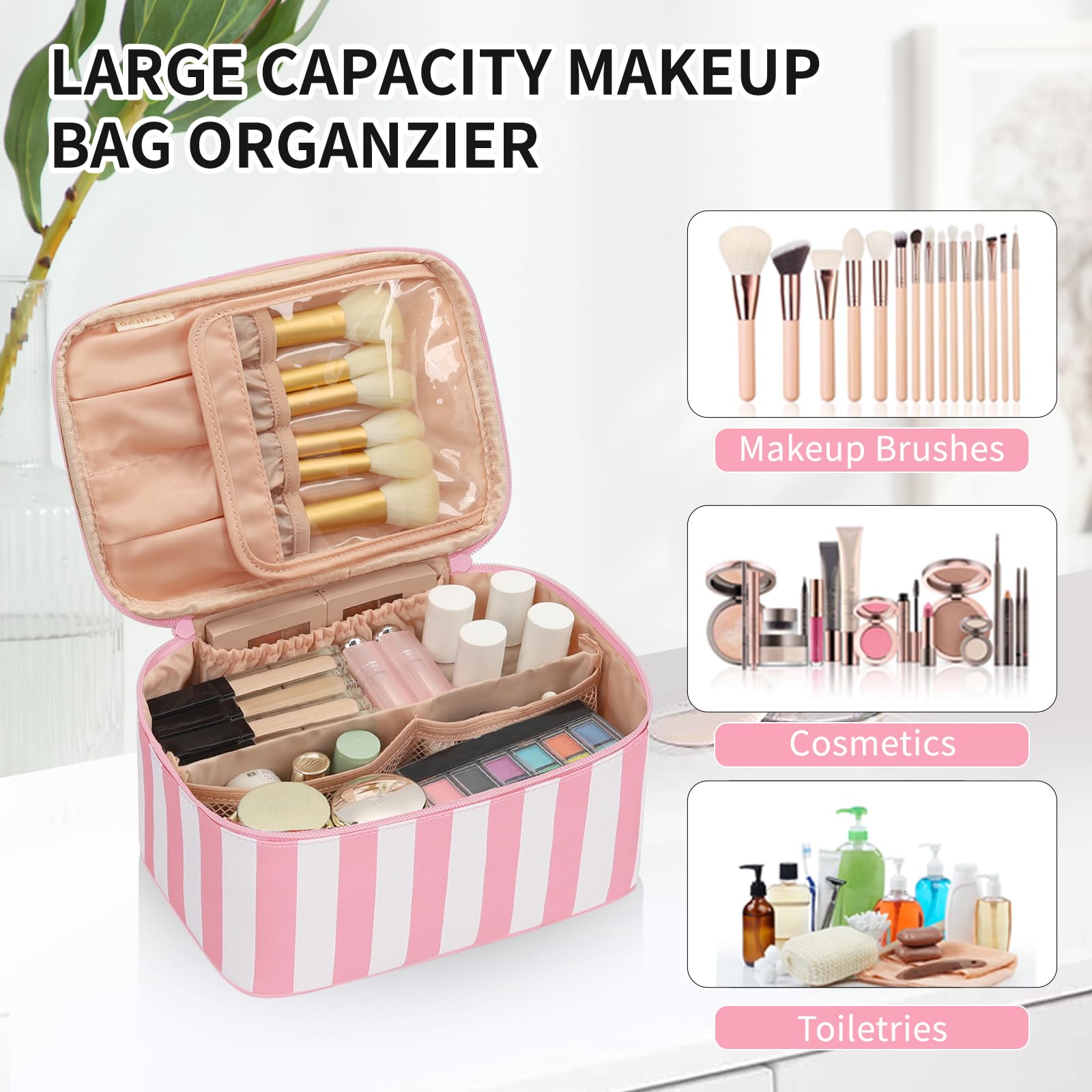 Makeup Bag, Portable Cosmetic Bag Black Make up Case Toiletry Bag | Large Capacity Travel Makeup Case Organizer for Women Toiletry Bag for Girls Traveling With Handle and Divider