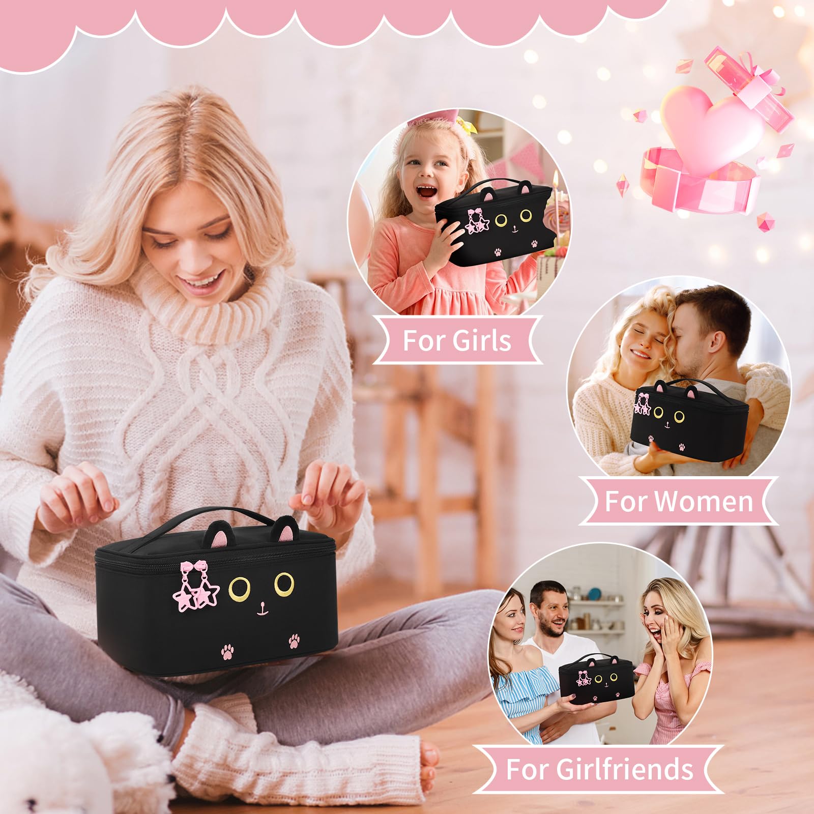 Makeup Bag, Portable Cosmetic Bag Black Make up Case Toiletry Bag | Large Capacity Travel Makeup Case Organizer for Women Toiletry Bag for Girls Traveling With Handle and Divider