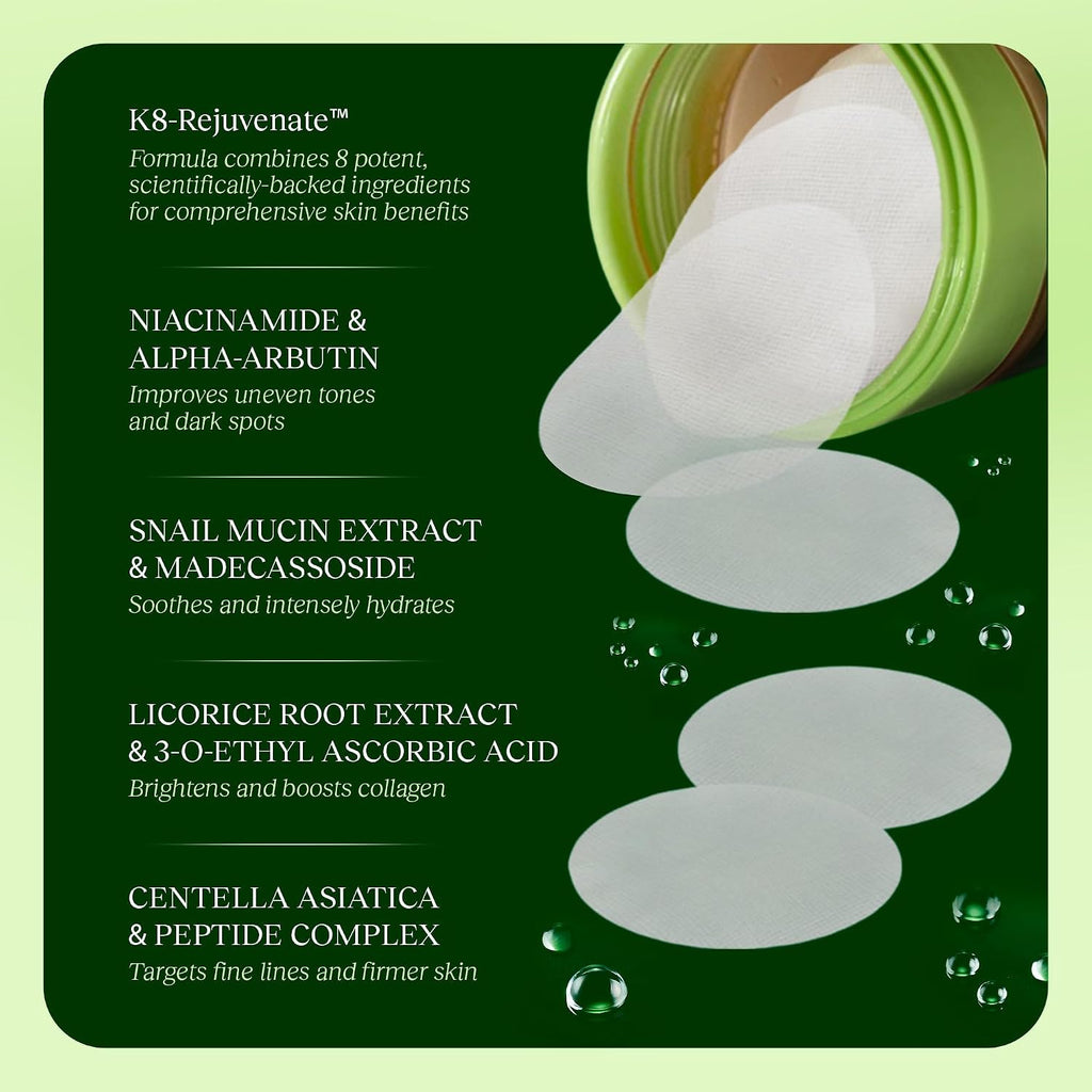 JIYU Toner Pads - Korean Skincare for Dark Spots, Wrinkles & Dull Skin - Hydrating Facial Treatment with Snail Mucin, Niacinamide, Peptides & Centella - 100 Count