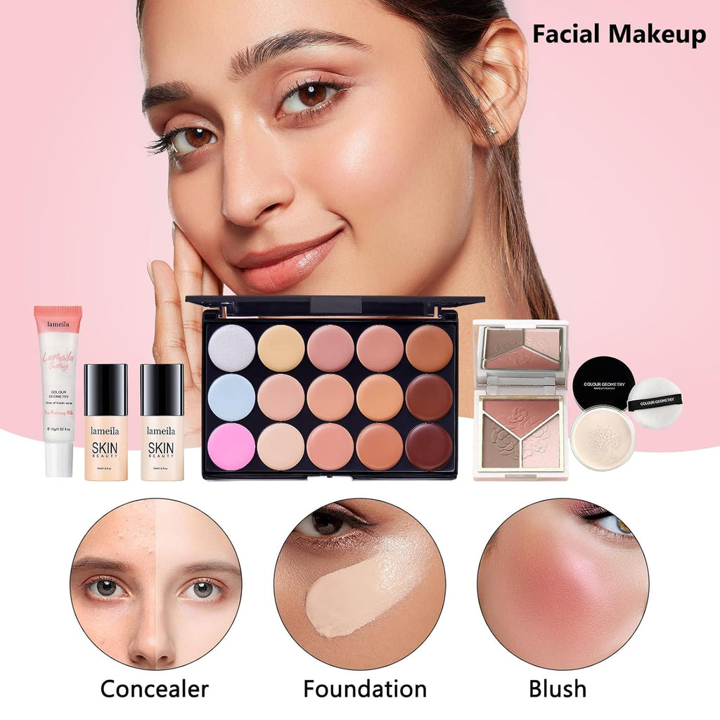 All in One Makeup Kit for Women Full Kit, Make Up Gift Set for Women | Makeup Essential Bundle Include Foundation Face Primer Eyeshadow Contour Palette Lipstick Eyeliner Mascara Cosmetic Brush Set