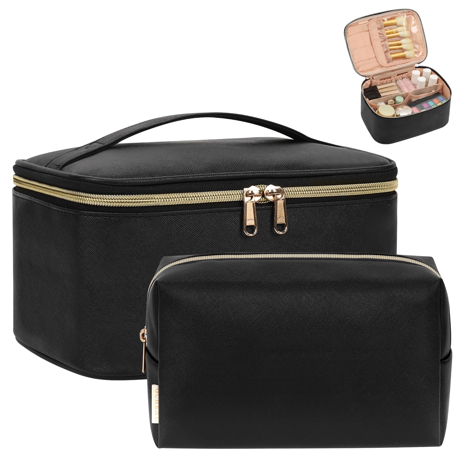 Makeup Bag, Portable Cosmetic Bag Black Make up Case Toiletry Bag | Large Capacity Travel Makeup Case Organizer for Women Toiletry Bag for Girls Traveling With Handle and Divider