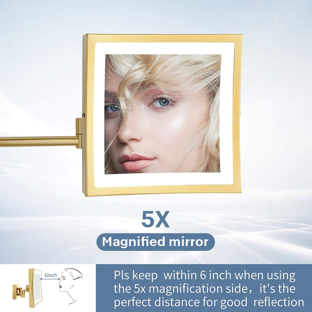 DOWRY Wall Mounted LED Lighted 5X Magnifying Square Makeup Mirror with Plug,8 Inch, Polished Gold Finished Dowry1802D-8x5