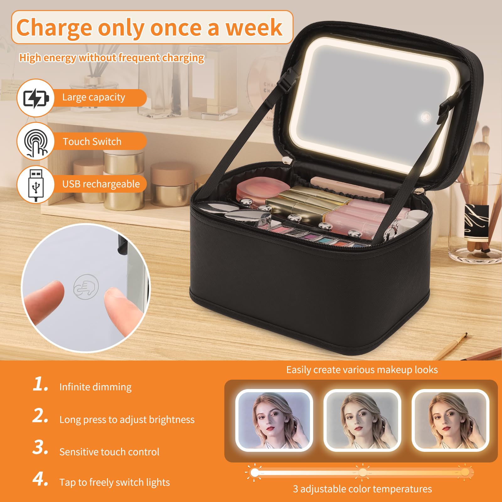Makeup Bag, Portable Cosmetic Bag Black Make up Case Toiletry Bag | Large Capacity Travel Makeup Case Organizer for Women Toiletry Bag for Girls Traveling With Handle and Divider