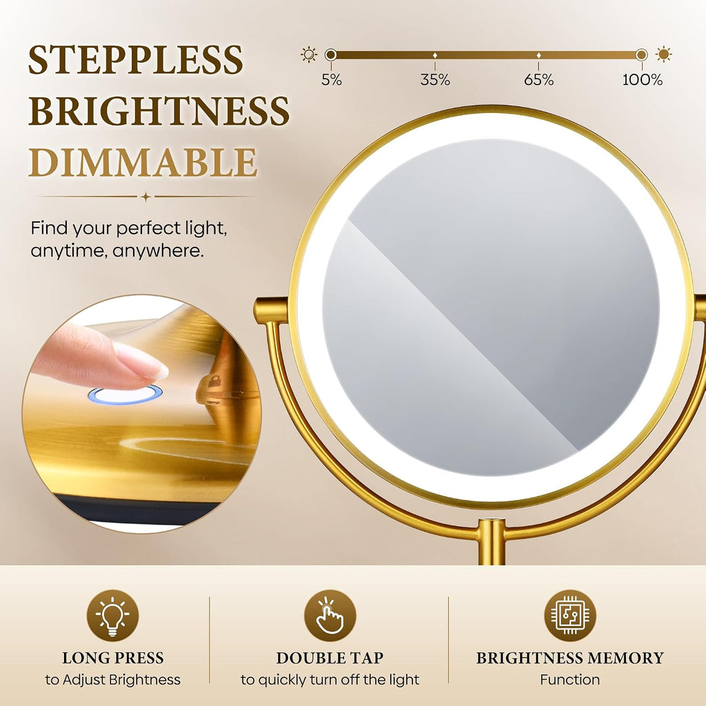 9" Gold Lighted Makeup Mirror, 1X/20X Magnification, Rechargeable