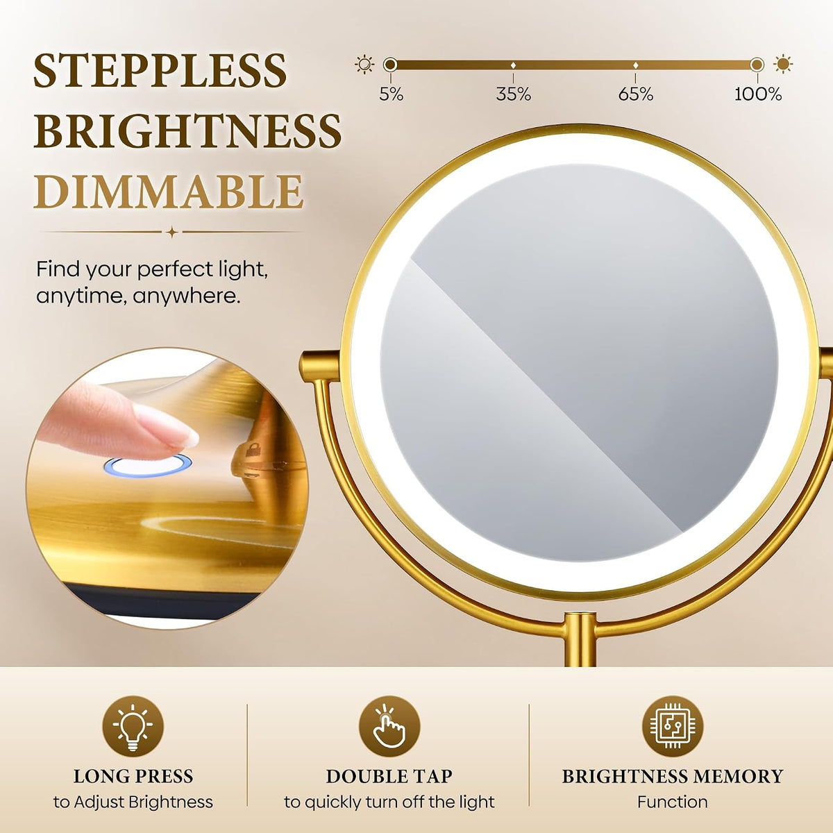 9" Gold Lighted Makeup Mirror, 1X/20X Magnification, Rechargeable