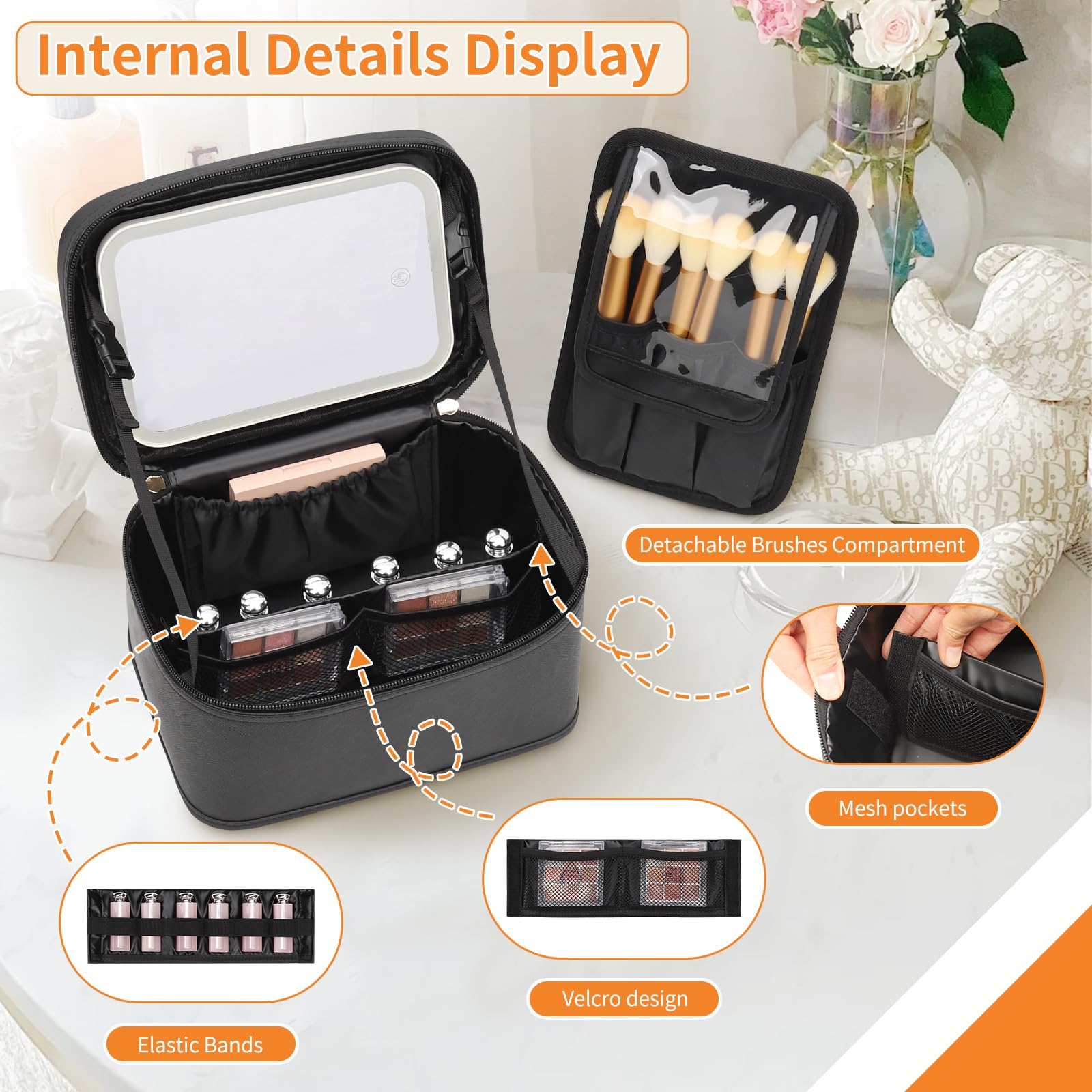 Makeup Bag, Portable Cosmetic Bag Black Make up Case Toiletry Bag | Large Capacity Travel Makeup Case Organizer for Women Toiletry Bag for Girls Traveling With Handle and Divider