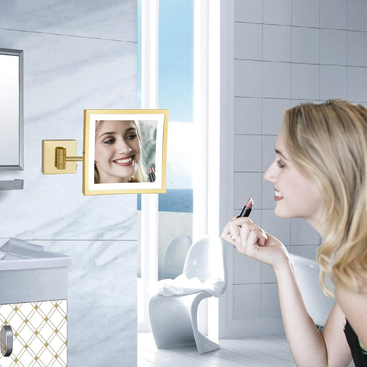 DOWRY Wall Mounted LED Lighted 5X Magnifying Square Makeup Mirror with Plug,8 Inch, Polished Gold Finished Dowry1802D-8x5