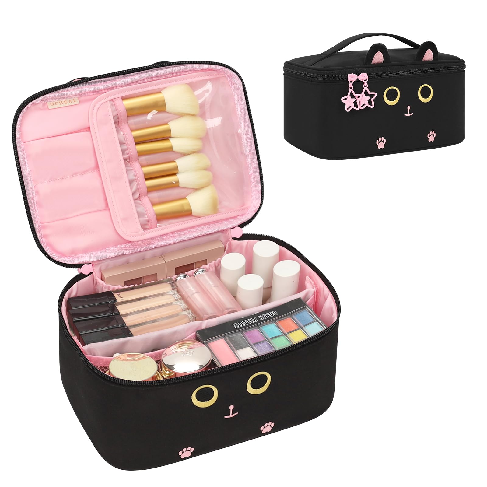 Makeup Bag, Portable Cosmetic Bag Black Make up Case Toiletry Bag | Large Capacity Travel Makeup Case Organizer for Women Toiletry Bag for Girls Traveling With Handle and Divider