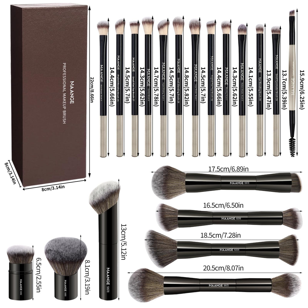 MAANGE 20 Pcs Makeup Brushes with Gift Box, Double-End Multi-functional Makeup Brushes for Blending Liquid Powder Concealer Cream Blush Buffe,CoffeeBrown