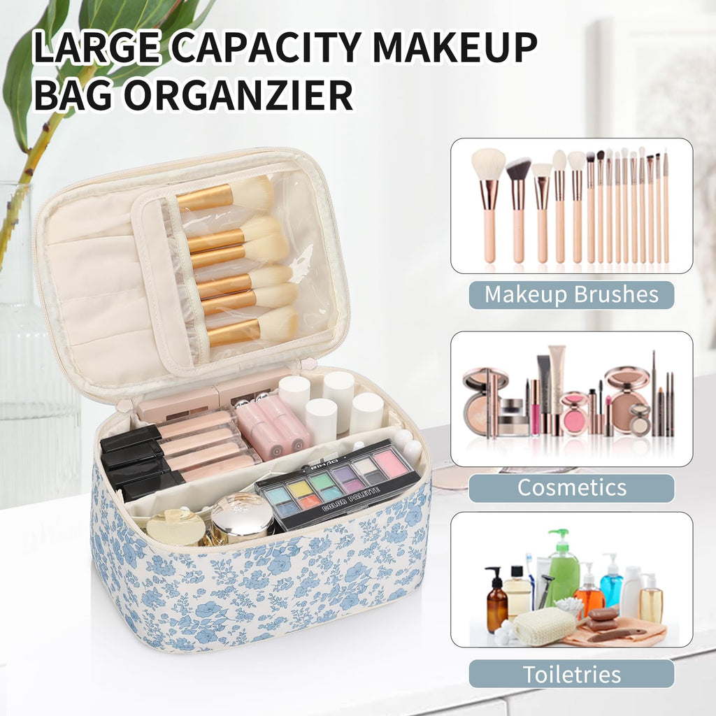 Makeup Bag, Portable Cosmetic Bag Black Make up Case Toiletry Bag | Large Capacity Travel Makeup Case Organizer for Women Toiletry Bag for Girls Traveling With Handle and Divider
