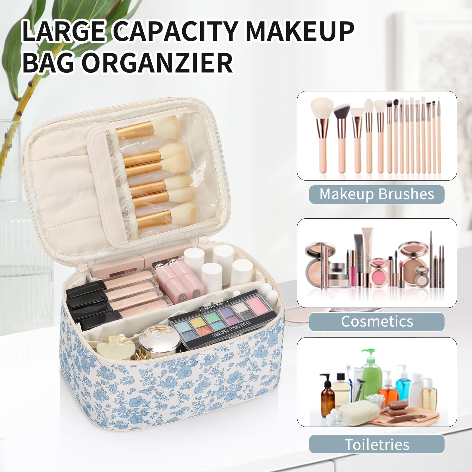 Makeup Bag, Portable Cosmetic Bag Black Make up Case Toiletry Bag | Large Capacity Travel Makeup Case Organizer for Women Toiletry Bag for Girls Traveling With Handle and Divider