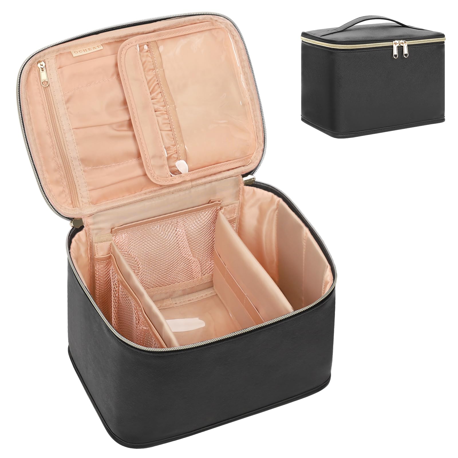 Makeup Bag, Portable Cosmetic Bag Black Make up Case Toiletry Bag | Large Capacity Travel Makeup Case Organizer for Women Toiletry Bag for Girls Traveling With Handle and Divider