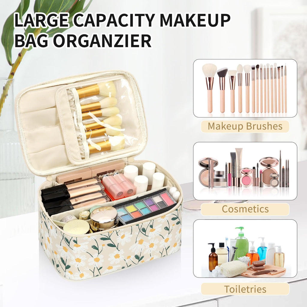 Makeup Bag, Portable Cosmetic Bag Black Make up Case Toiletry Bag | Large Capacity Travel Makeup Case Organizer for Women Toiletry Bag for Girls Traveling With Handle and Divider