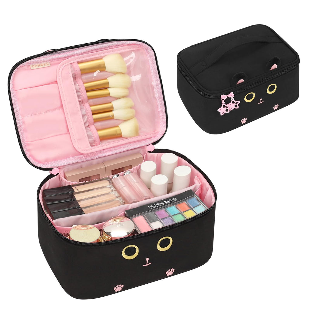 Makeup Bag, Portable Cosmetic Bag Black Make up Case Toiletry Bag | Large Capacity Travel Makeup Case Organizer for Women Toiletry Bag for Girls Traveling With Handle and Divider
