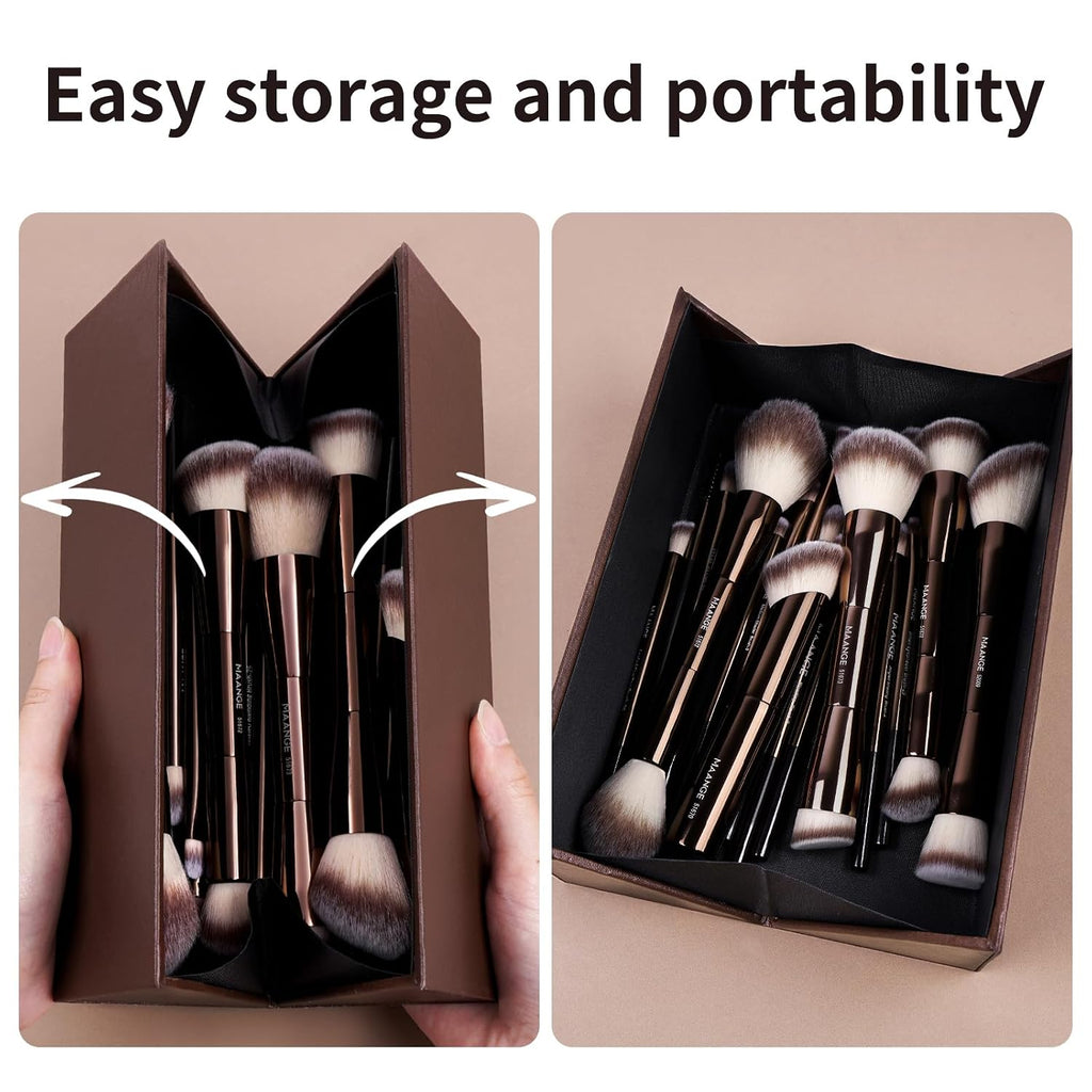 MAANGE 20 Pcs Makeup Brushes with Gift Box, Double-End Multi-functional Makeup Brushes for Blending Liquid Powder Concealer Cream Blush Buffe,CoffeeBrown