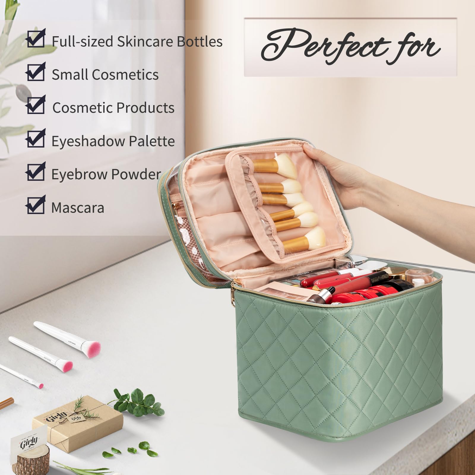 Makeup Bag, Portable Cosmetic Bag Black Make up Case Toiletry Bag | Large Capacity Travel Makeup Case Organizer for Women Toiletry Bag for Girls Traveling With Handle and Divider