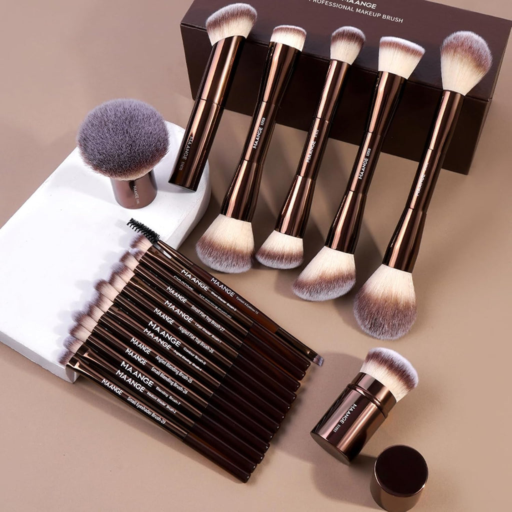 MAANGE 20 Pcs Makeup Brushes with Gift Box, Double-End Multi-functional Makeup Brushes for Blending Liquid Powder Concealer Cream Blush Buffe,CoffeeBrown