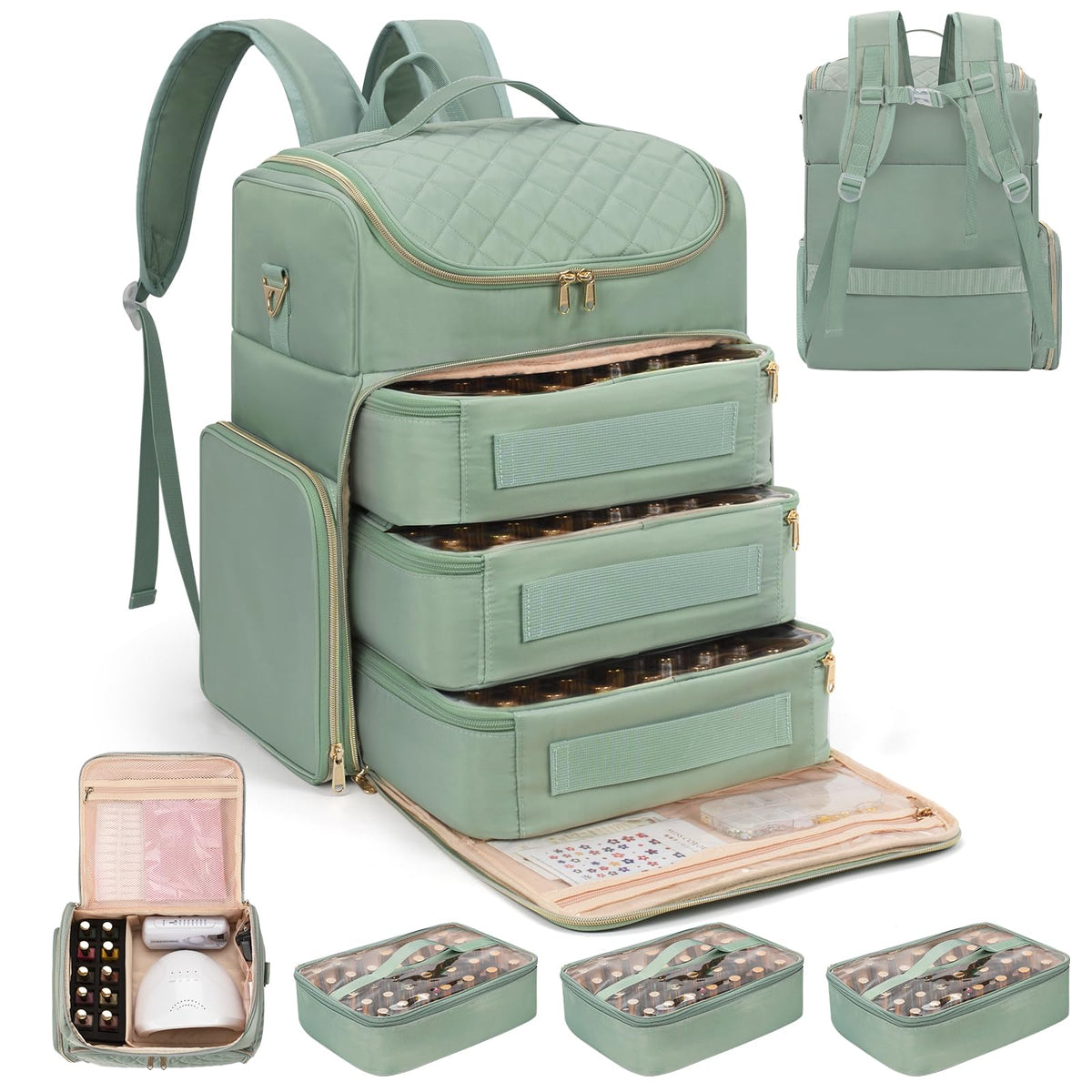 Extra Large Nail Polish Organizer Backpack, Holds 124+ Bottles & Full Size Lamp, Travel Nail Organizers and Storage Bag with 3 Removable Pouches, Portable Nail Supplies Case (Floral Blue, 124 Slots)