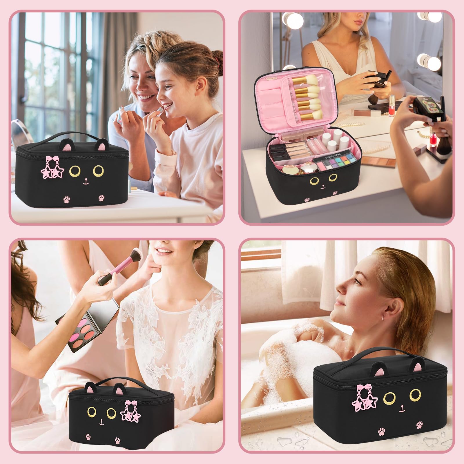 Makeup Bag, Portable Cosmetic Bag Black Make up Case Toiletry Bag | Large Capacity Travel Makeup Case Organizer for Women Toiletry Bag for Girls Traveling With Handle and Divider