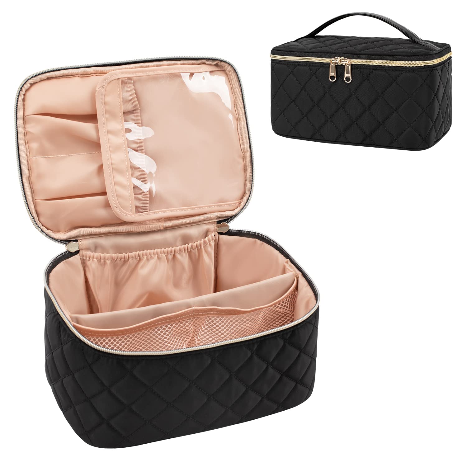 Makeup Bag, Portable Cosmetic Bag Black Make up Case Toiletry Bag | Large Capacity Travel Makeup Case Organizer for Women Toiletry Bag for Girls Traveling With Handle and Divider