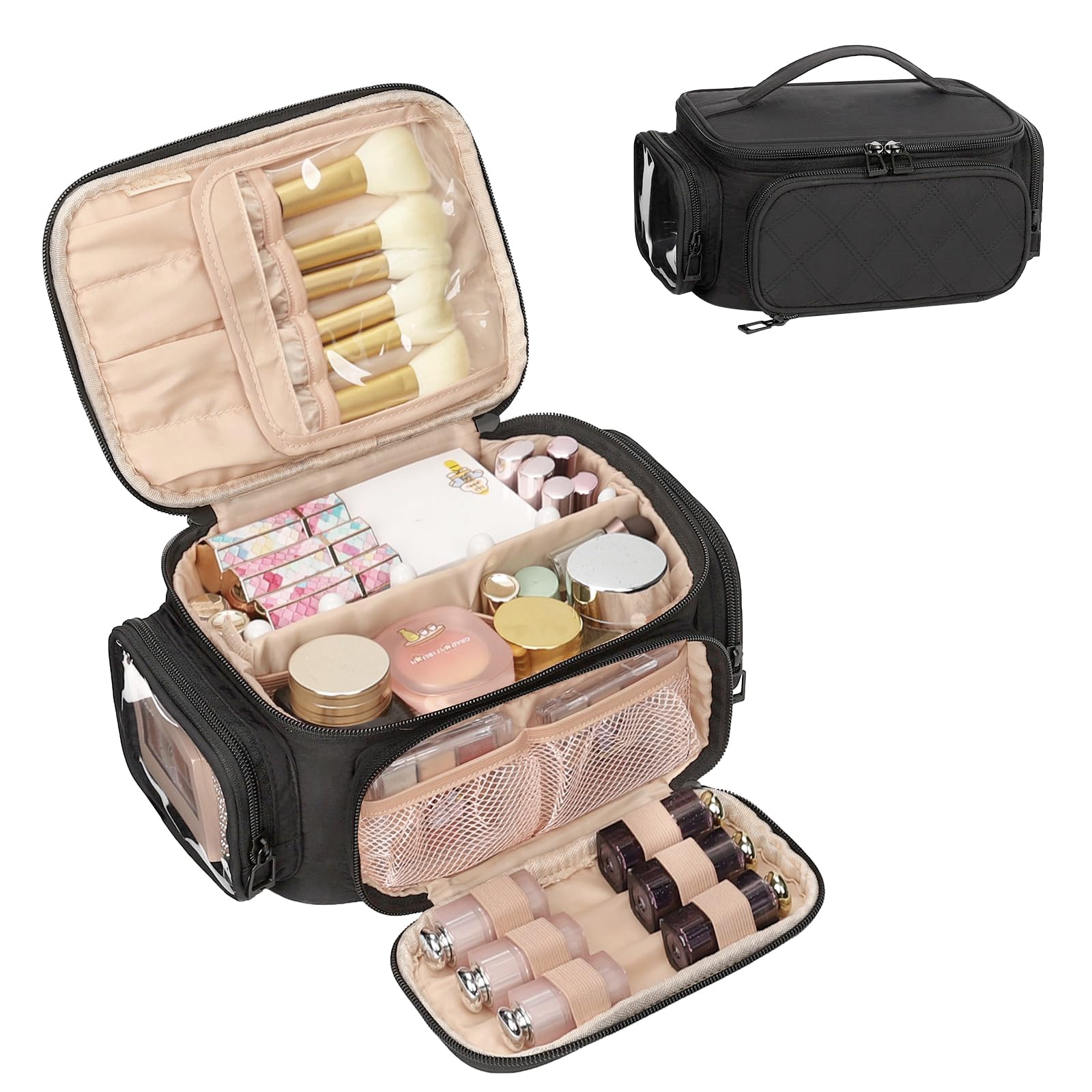 Makeup Bag, Portable Cosmetic Bag Black Make up Case Toiletry Bag | Large Capacity Travel Makeup Case Organizer for Women Toiletry Bag for Girls Traveling With Handle and Divider