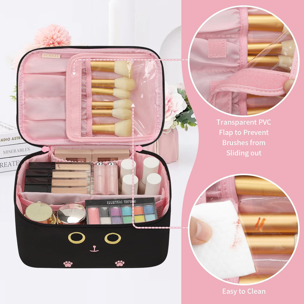 Makeup Bag, Portable Cosmetic Bag Black Make up Case Toiletry Bag | Large Capacity Travel Makeup Case Organizer for Women Toiletry Bag for Girls Traveling With Handle and Divider
