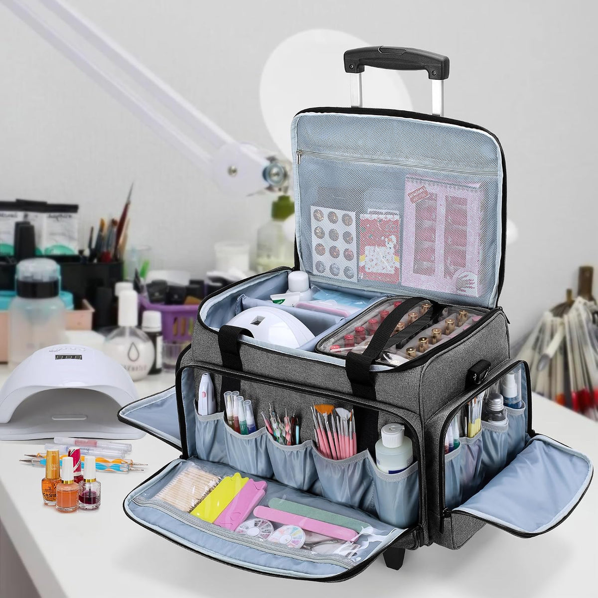 LUXJA Rolling Nail Polish Organizer Holds 90 Bottles and a UV Lamp, Gray
