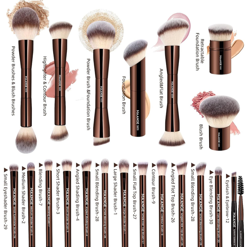 MAANGE 20 Pcs Makeup Brushes with Gift Box, Double-End Multi-functional Makeup Brushes for Blending Liquid Powder Concealer Cream Blush Buffe,CoffeeBrown