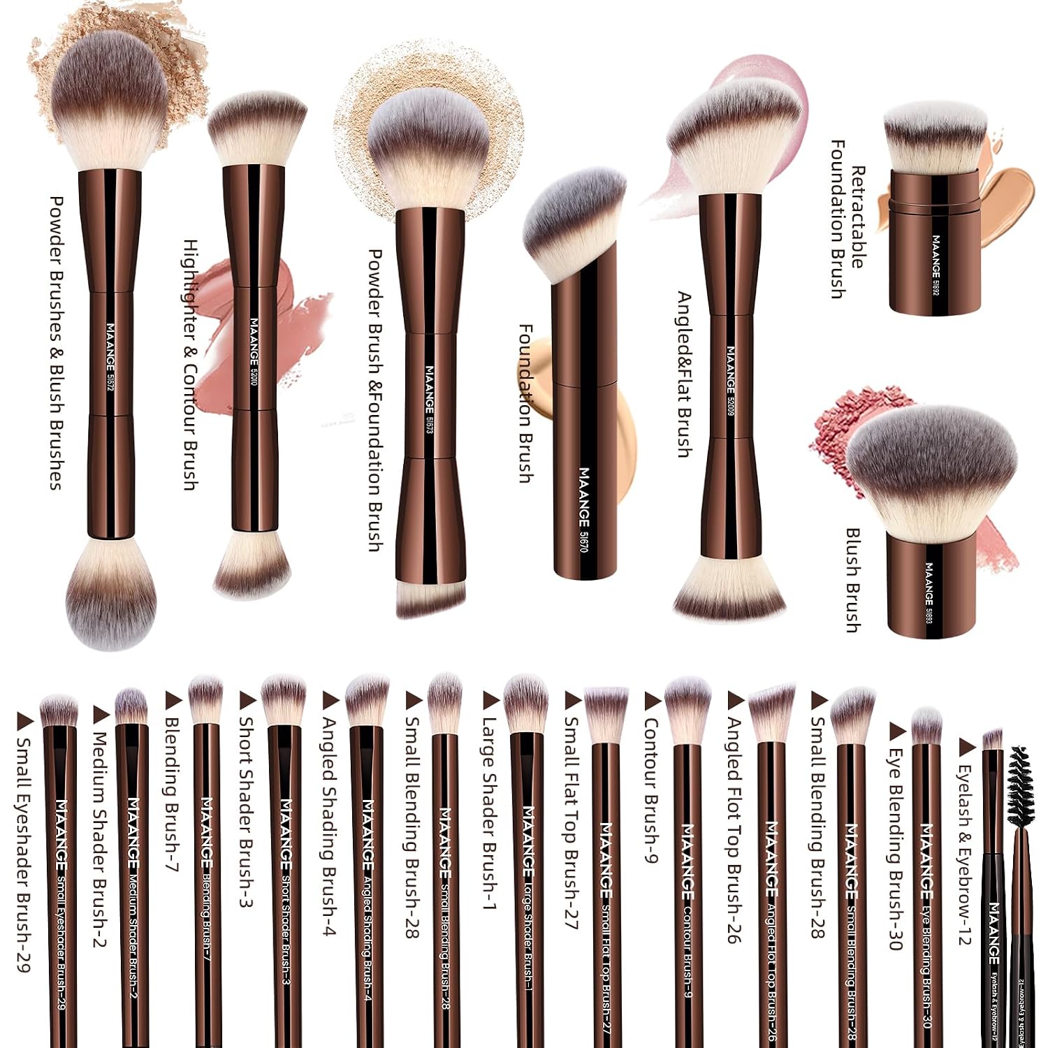 MAANGE 20 Pcs Makeup Brushes with Gift Box, Double-End Multi-functional Makeup Brushes for Blending Liquid Powder Concealer Cream Blush Buffe,CoffeeBrown