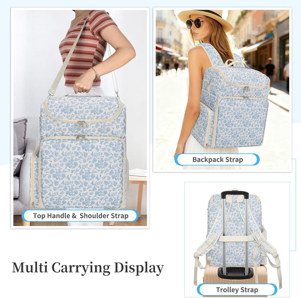 Extra Large Nail Polish Organizer Backpack, Holds 124+ Bottles & Full Size Lamp, Travel Nail Organizers and Storage Bag with 3 Removable Pouches, Portable Nail Supplies Case (Floral Blue, 124 Slots)