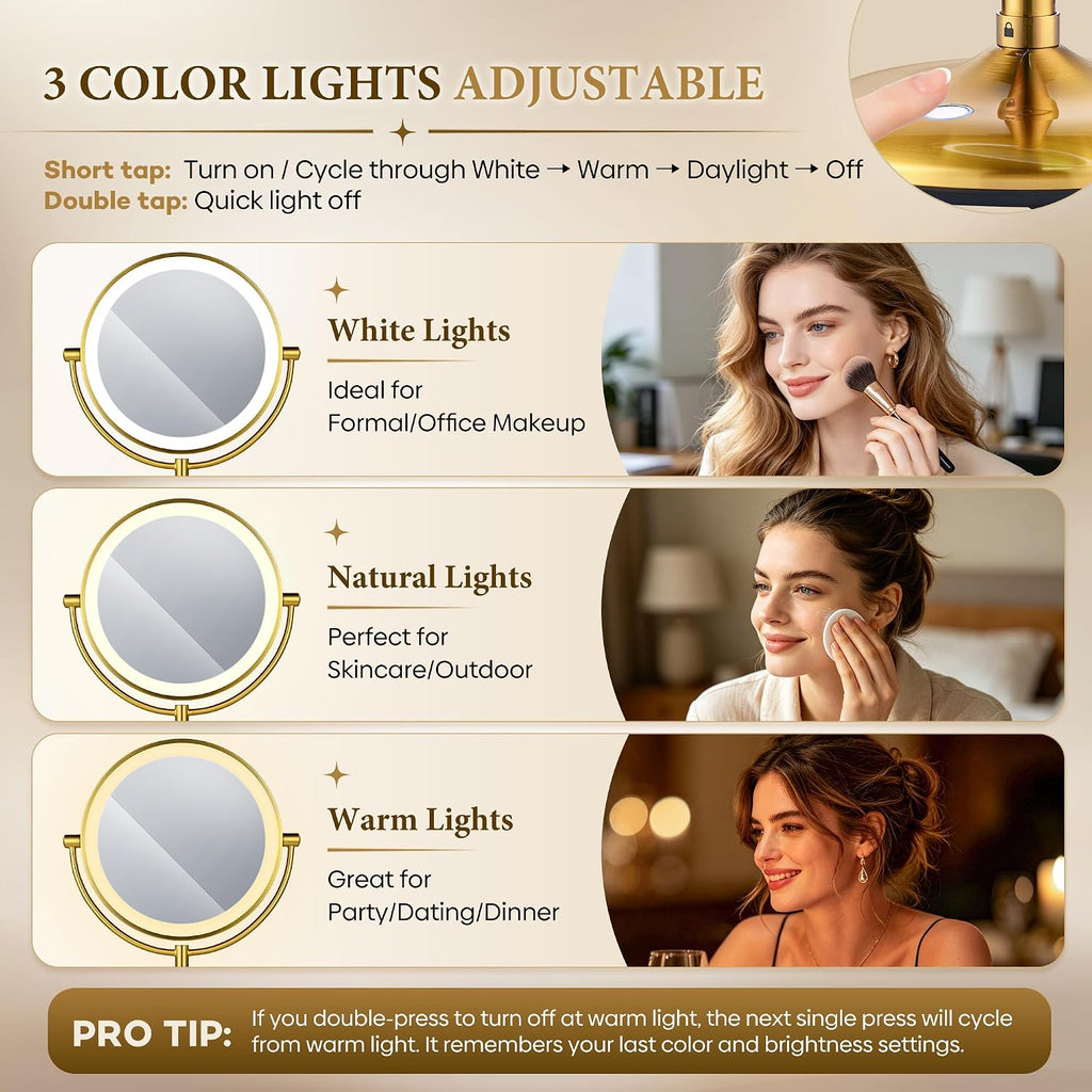 9" Gold Lighted Makeup Mirror, 1X/20X Magnification, Rechargeable