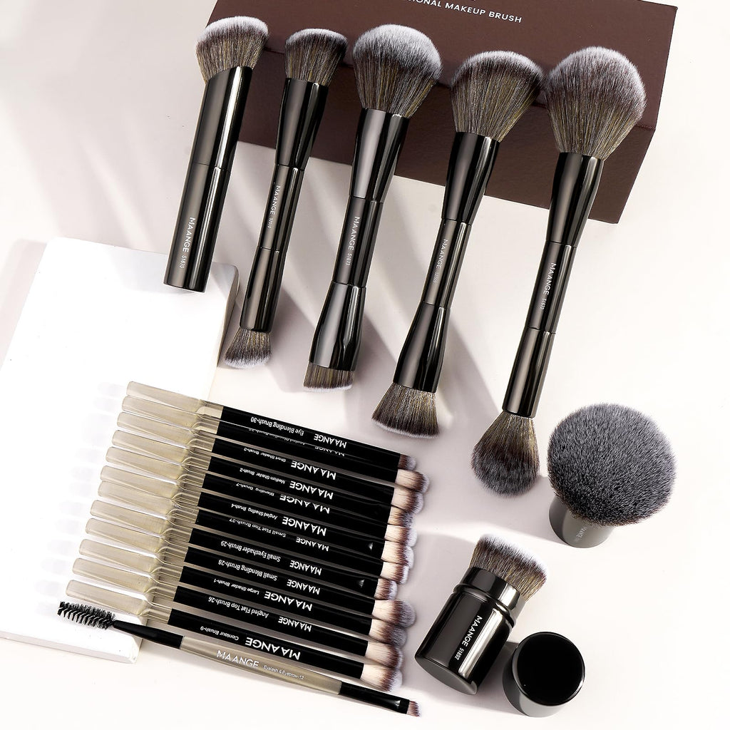 MAANGE 20 Pcs Makeup Brushes with Gift Box, Double-End Multi-functional Makeup Brushes for Blending Liquid Powder Concealer Cream Blush Buffe,CoffeeBrown