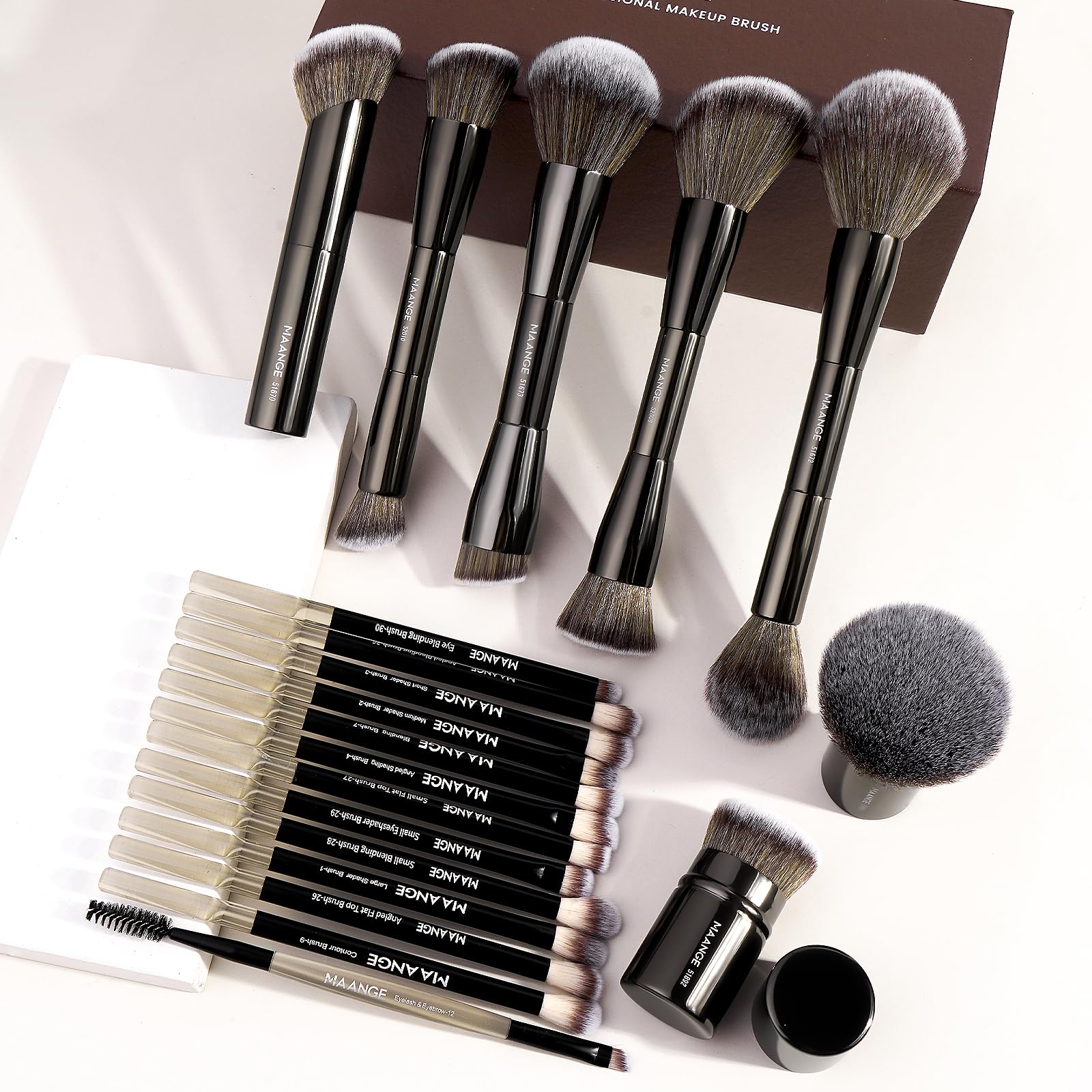 MAANGE 20 Pcs Makeup Brushes with Gift Box, Double-End Multi-functional Makeup Brushes for Blending Liquid Powder Concealer Cream Blush Buffe,CoffeeBrown