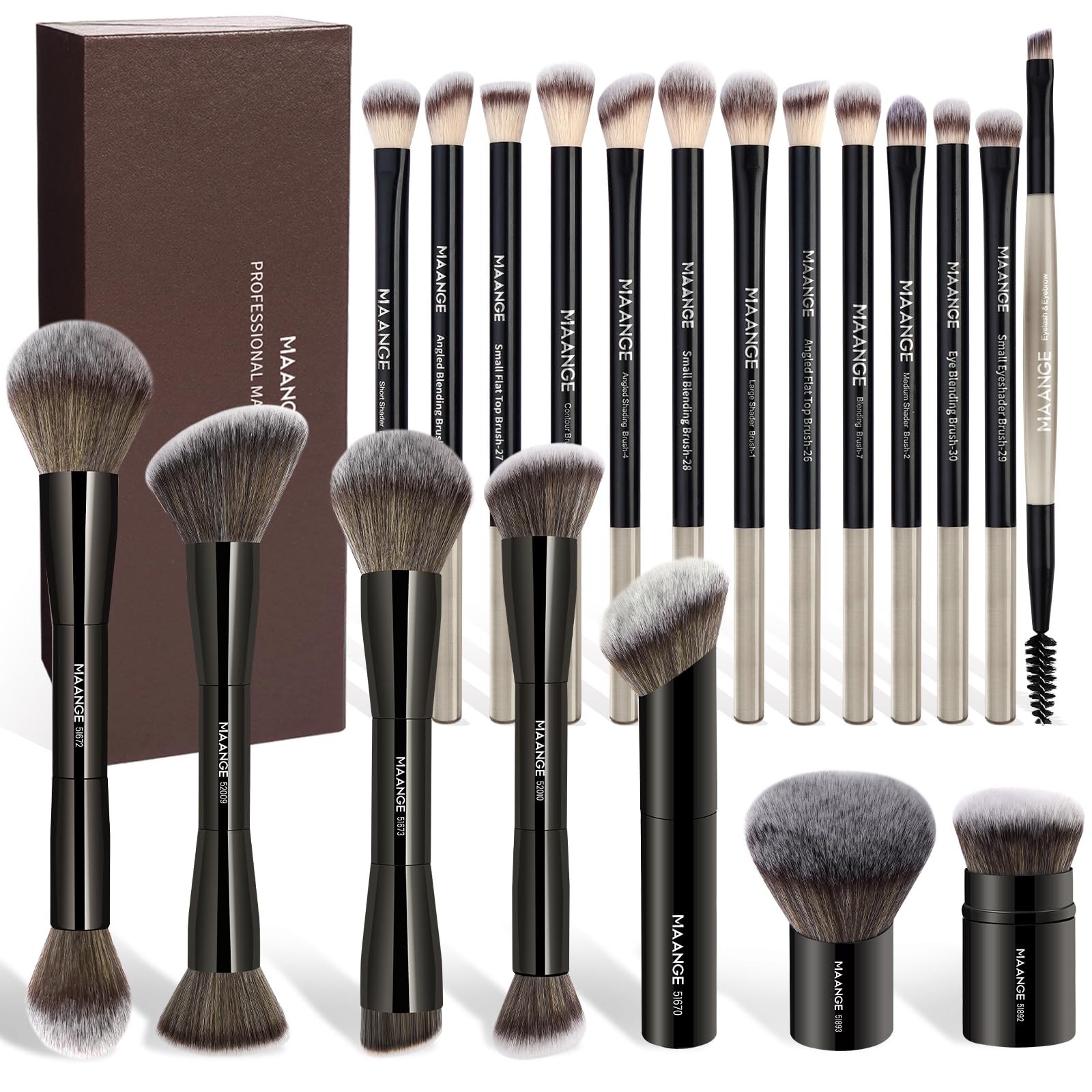 MAANGE 20 Pcs Makeup Brushes with Gift Box, Double-End Multi-functional Makeup Brushes for Blending Liquid Powder Concealer Cream Blush Buffe,CoffeeBrown